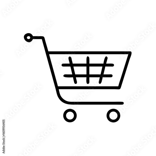 A simple line drawing of a shopping cart with a grid inside the basket area