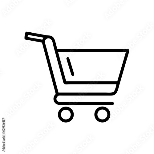 Simple line drawing of a shopping cart with a handle and four wheels shown