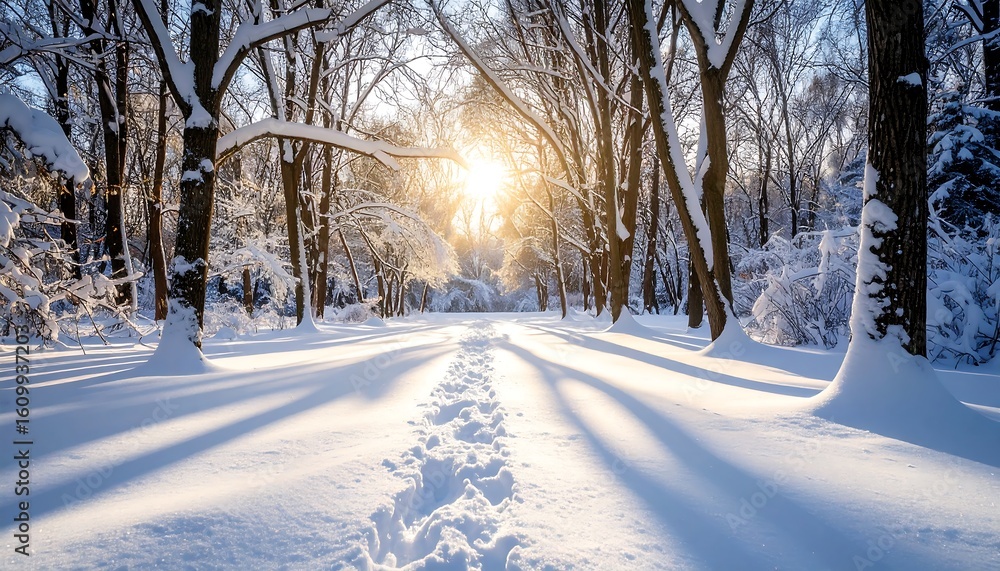Obraz premium Snow-covered path through a winter forest, sunlight streams through trees