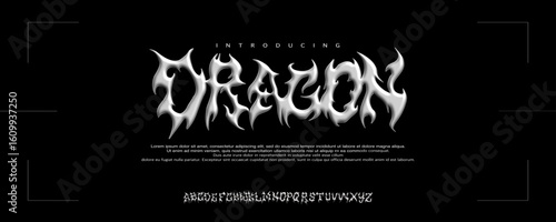 Font Dragon. Baloon Metal 3D bubble font in Y2K style. Underground design inspired by 2000s or 90s, inflated letters. Trendy English type. Realistic vector illustration. Band Hardcore metal punk rock
