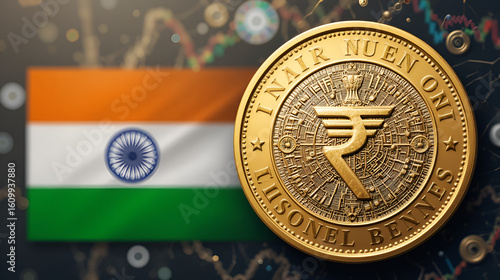 Indian Union Budget, India economy, finance icon, Indian rupee coin with Indian map vector illustration, typography