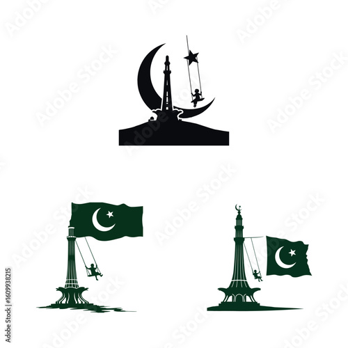 Child swinging on crescent moon hanging from Minar-e-Pakistan, symbolic freedom vector