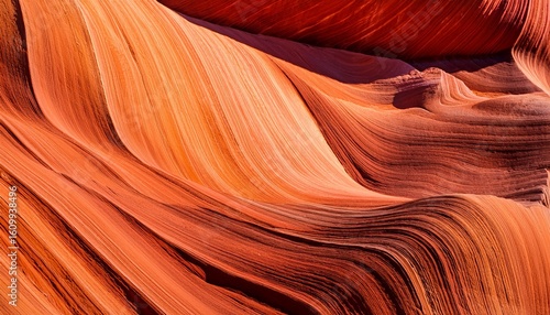 close up view of vibrant red and orange patterns in desert sandstone layers illuminated by sunlight