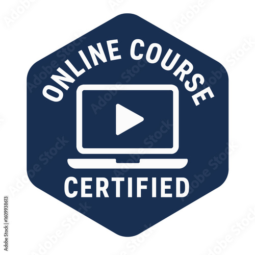 Online course certification badge with video play icon, perfect for digital learning. Modern flat vector sticker label with icon and badge style, transparent background