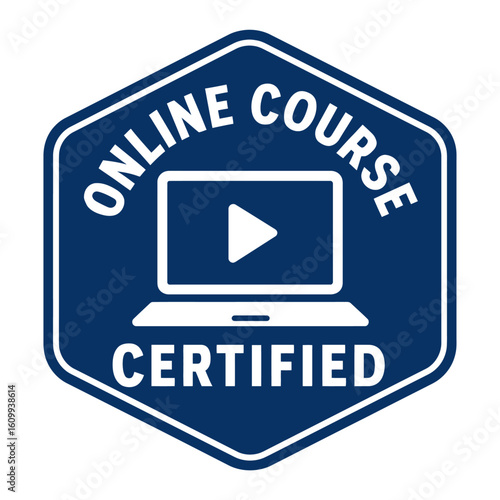 Online course certified badge featuring a laptop and play button, signifying video-based learning. Modern flat vector sticker label with icon and badge style, transparent background
