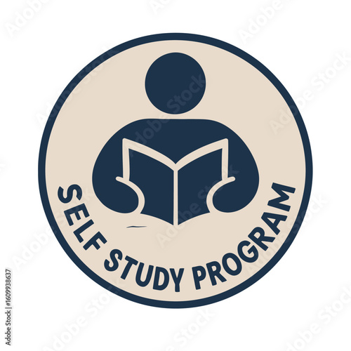 The image showcases a logo design for a self study program, depicting a person reading. Modern flat vector sticker label with icon and badge style, transparent background