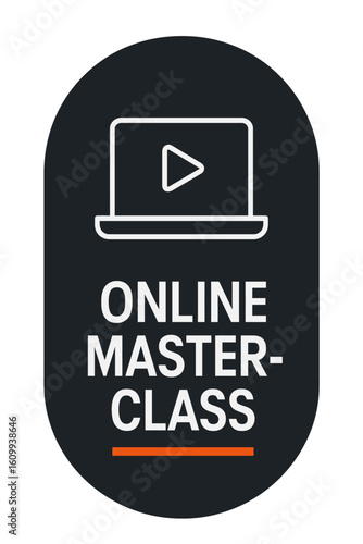 Online masterclass promotion featuring a laptop icon and a play button design. Modern flat vector sticker label with icon and badge style, UI design, transparent background