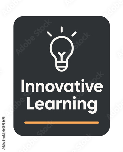 The image showcases innovative learning with a lightbulb icon and text. Modern flat vector sticker label with icon and badge style, UI design, transparent background