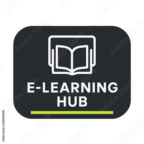 The e-learning hub logo showcases a book icon for online education. Modern flat vector sticker label with icon and badge style, UI design, transparent background