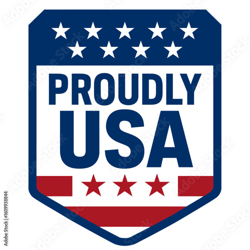 A patriotic emblem proclaiming 'Proudly USA' in the colors of the American flag. USA vector badge – flat style design emblem label sticker, transparent background