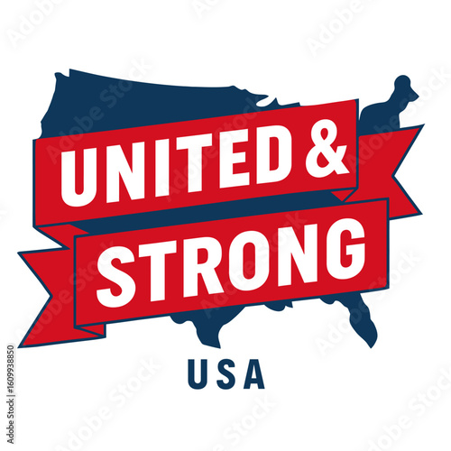 The 'United & Strong' design celebrates American patriotism and unity in a bold way. USA vector badge – flat style design emblem label sticker, transparent background