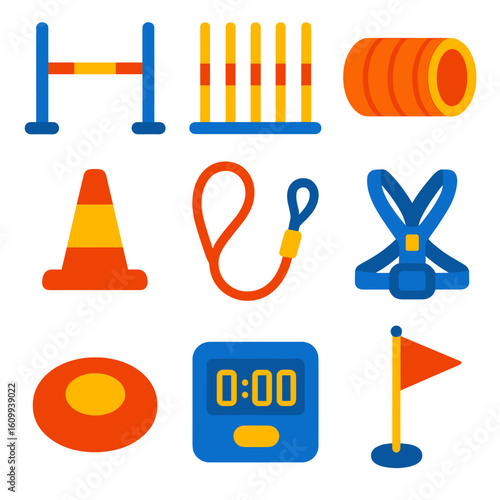 Dog Sport Gear Icons. Flat vector icons of dog sport and competition gear: hurdle jump, weave pole, agility tunnel, start line