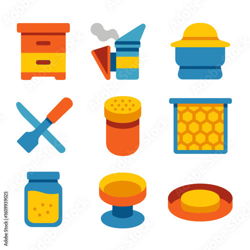 Beekeeping Tools Icons. Flat vector icons of beekeeping and insect care tools: hive box, bee smoker, honey extractor, beekeeper