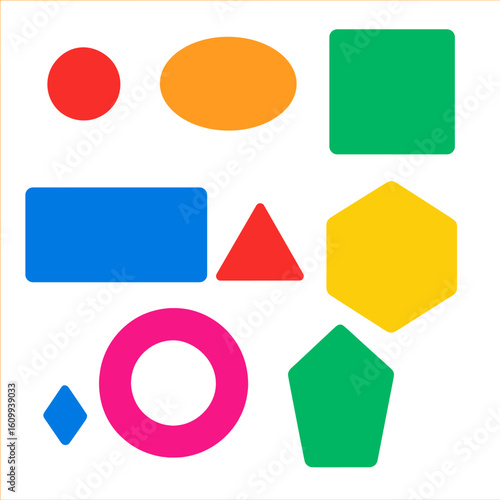 Colorful Geometric Icons. Flat vector icons of shape size variations: small circle, medium oval, large square, extra wide