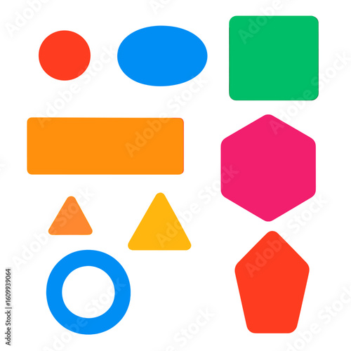 Colorful Geometric Icons. Flat vector icons of shape size variations: small circle, medium oval, large square, extra wide