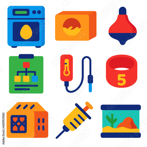 Animal Breeding Tools Icons. Flat vector icons of animal breeding equipment: incubator unit, nest box, heat lamp bulb, temperature