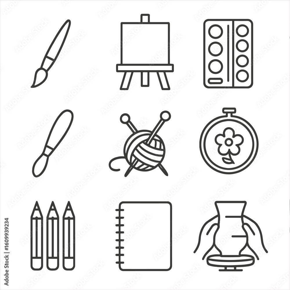 Fototapeta premium Artistic Hobby Icons. Line style icons of artistic hobbies: paintbrush, canvas on easel, watercolor palette, sculpting tool,