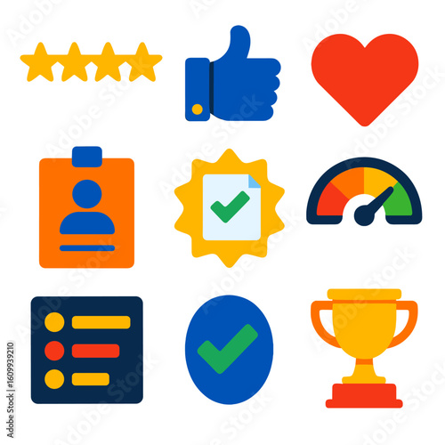 Vibrant Rating Icons. Flat vector icons of entertainment ratings and badges: star rating, thumbs up icon, heart like, viewer badge