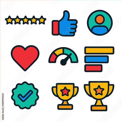 Vibrant Rating Icons. Flat vector icons of entertainment ratings and badges: star rating, thumbs up icon, heart like, viewer badge