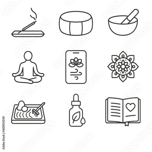 Mindfulness Icons. Line style icons of mindful activities: incense stick, meditation cushion, singing bowl, yoga pose, breathing
