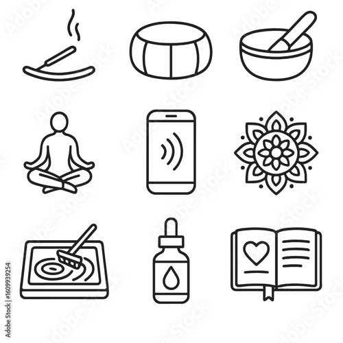 Mindfulness Icons. Line style icons of mindful activities: incense stick, meditation cushion, singing bowl, yoga pose, breathing