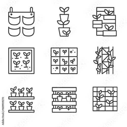 Vertical Garden Icons. Line style icons of vertical decorative gardens: hanging pockets, stacked planters, wooden wall planter,