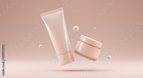 Wallpaper Mural Elegant cosmetic cream tube and jar with pearls, perfect for beauty product branding. Torontodigital.ca