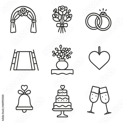 Wedding Icons Collection. Line style icons of wedding elements: wedding arch, bridal bouquet, wedding rings, cake stand, aisle