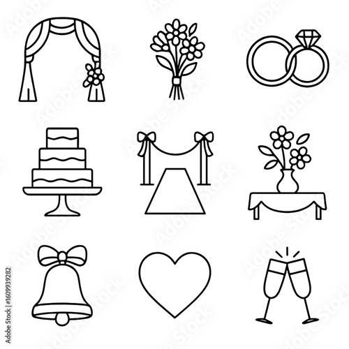 Wedding Icons Collection. Line style icons of wedding elements: wedding arch, bridal bouquet, wedding rings, cake stand, aisle