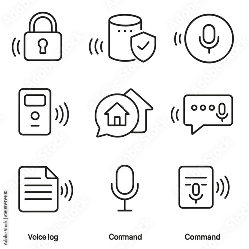 Voice-Activated Security Icons. Line style icons of voice-activated home security: voice recognition lock, smart speaker with
