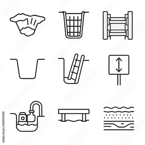Construction Pit Icons. Line style icons of construction pit elements: open excavation pit, reinforced trench wall, wooden shoring