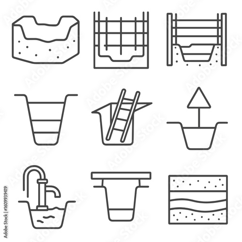 Construction Pit Icons. Line style icons of construction pit elements: open excavation pit, reinforced trench wall, wooden shoring