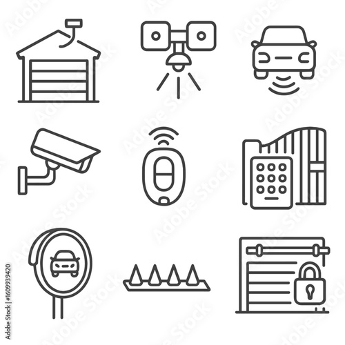 Garage Safety Icons. Line style icons of garage and driveway safety: automatic garage closer, motion floodlight, parking sensor,
