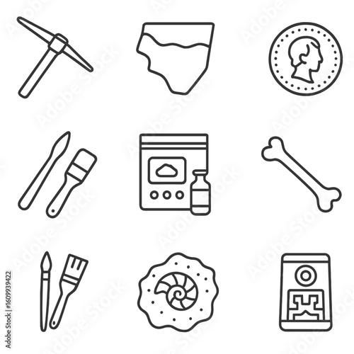 Archaeology Line Icons. Line style icons of archaeological tools and finds: excavation pick, pottery fragment, labeled artifact