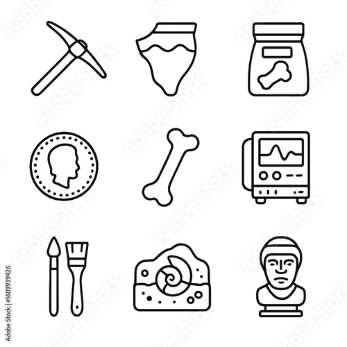 Archaeology Line Icons. Line style icons of archaeological tools and finds: excavation pick, pottery fragment, labeled artifact