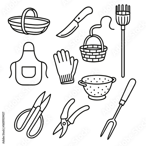 Garden Harvest Tools. Line style icons of garden harvesting tools: garden trug, harvesting knife, picking basket, fruit picker