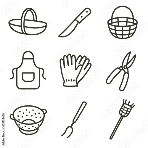 Garden Harvest Tools. Line style icons of garden harvesting tools: garden trug, harvesting knife, picking basket, fruit picker