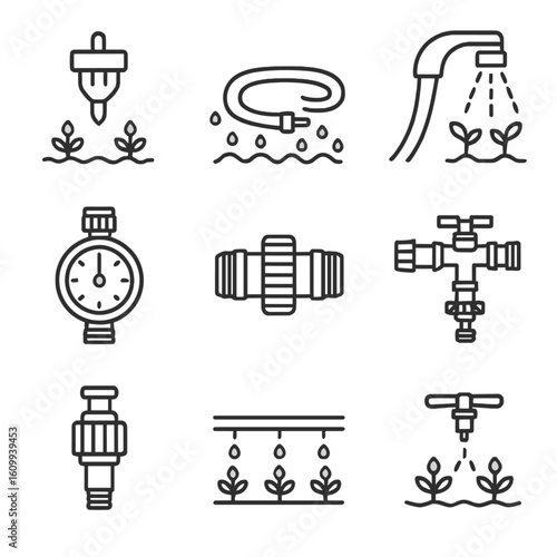 Garden Irrigation Icons. Line style icons of garden irrigation systems: drip emitter, soaker hose, spray nozzle, irrigation timer,