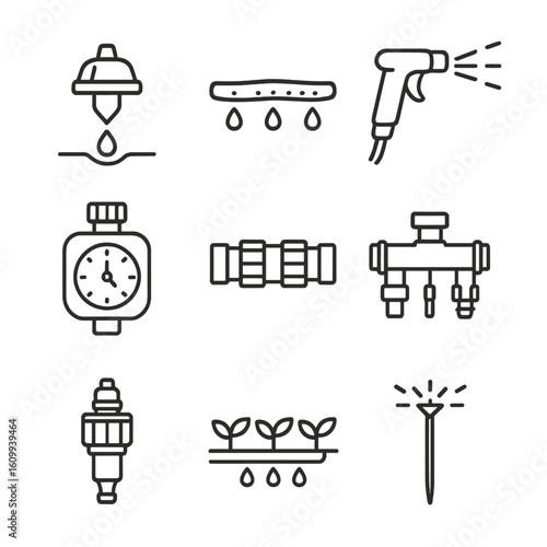 Garden Irrigation Icons. Line style icons of garden irrigation systems: drip emitter, soaker hose, spray nozzle, irrigation timer,