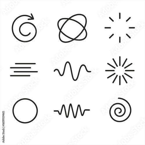 Abstract Motion Symbols. Line style icons of abstract motion symbols: curved arrow swirl, spinning loop, rotation dash, speed