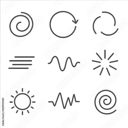 Abstract Motion Symbols. Line style icons of abstract motion symbols: curved arrow swirl, spinning loop, rotation dash, speed