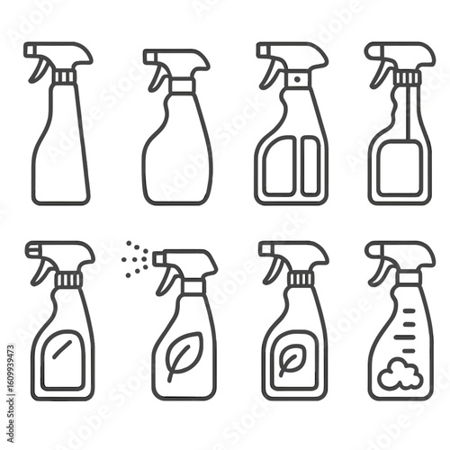 Cleaning Spray Bottle Icons. Line style icons of cleaning spray bottle variations: tall narrow spray bottle, short wide spray