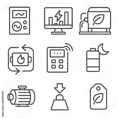 Energy-Efficient Compressor Icons. Line style icons of energy-efficient compressor features: variable speed drive, energy