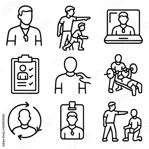 Personal Training Icons. Line style icons of personal trainers and coaching: coach with whistle, trainer giving instructions,