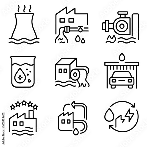 Industrial Water Use Icons. Line style icons of water use in industry: cooling tower, water pipe in factory, industrial pump, dye