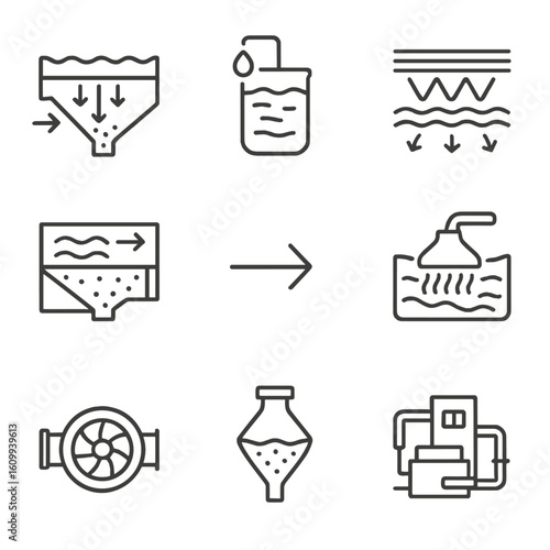 Water Treatment Icons. Line style icons of water treatment facilities: sedimentation tank, chemical treatment drum, UV