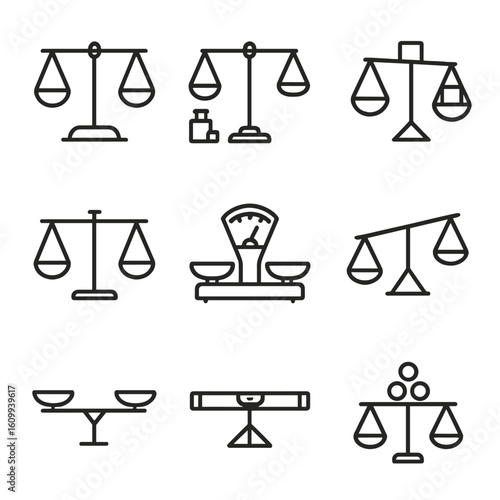 Balance Scale Icons. Line style icons of balance beam and school scales: two-pan balance scale, classic balance with weights,