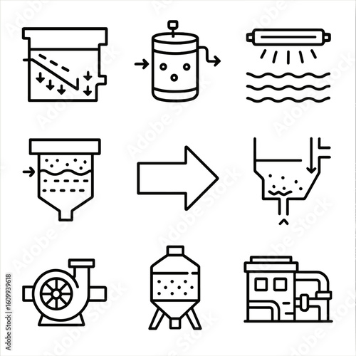 Water Treatment Icons. Line style icons of water treatment facilities: sedimentation tank, chemical treatment drum, UV