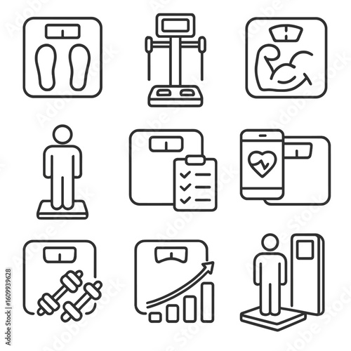Fitness Icon Scales. Line style icons of fitness and gym scales: gym floor scale, body composition analyzer, scale with muscle