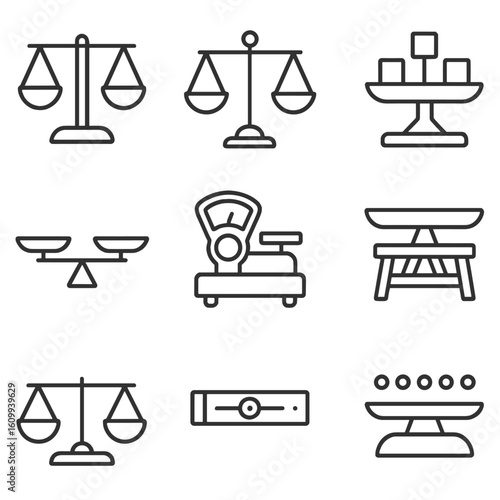 Balance Scale Icons. Line style icons of balance beam and school scales: two-pan balance scale, classic balance with weights,